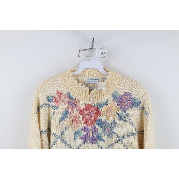 Deadstock Vintage 90s Streetwear Womens Medium Hand Knit Flower Floral Sweater - Picture 2 of 15
